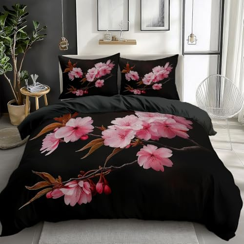 Quixora Housse De Couette 140 x 200 cm Parure De Lit Élégant Fleurs de Cerisier Bourgeons Roses Impression Housse de Couette Set 3 Pièces, Noir