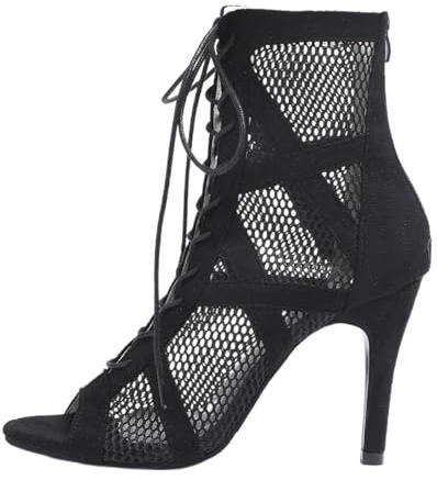 Heels Women Mesh Lace-Up Gladiator Sandals, High Heel Dance Boots, Peep Toe Stilettos with Breathable Hollow Design, 10cm Heel, Black Brown Beige Size 3.5 to 7.5