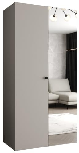 MEBLE KRYSPOL - Kleiderschrank - Garderobenschrank - 100 cm x 202 x 52 cm - Schrank mit Kleiderstange und Spiegel, 2 Türen - für Schlafzimmer, Flur - Parma, Kaschmir, Griff Schwarz