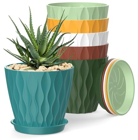 SQOKHT 10cm Plant Pots 6 Pack, Indoor Flower Pots with Drainage Holes and Saucers, Plastic Planters for Orchids, Violets, Succulents, Herbs & Small Plants (Colorful)