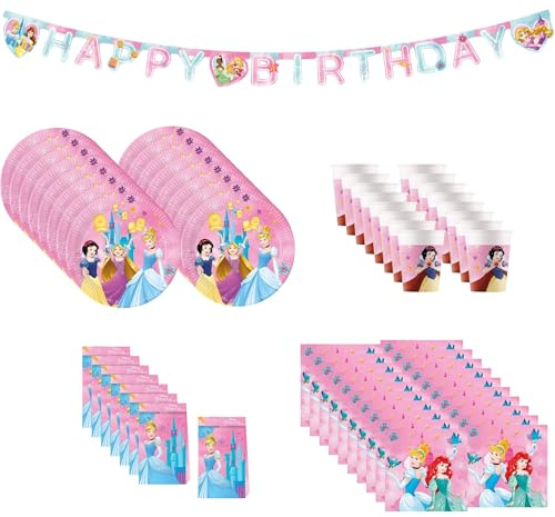 Procos Princess live your Story Partyset 61-tlg. für 16 Kinder FSC® | 16 Teller, 16 Becher, 20 Servietten, 8 Partytüten, 1 Partykette