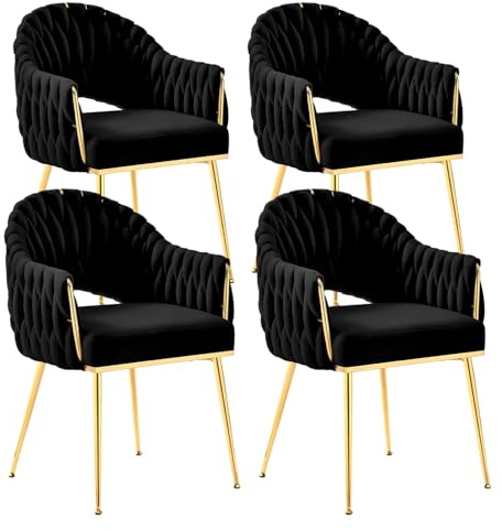 SUPPNEED Samt Esszimmerstühle 4er Set, Sessel Wohnzimmer, Stühle Esszimmer mit Armlehne, Küchenstühle mit handgeflochtenen Hochlehner, Schminktisch Stuhl mit Gold Beine, Balkonstuhl(4,Schwarz)