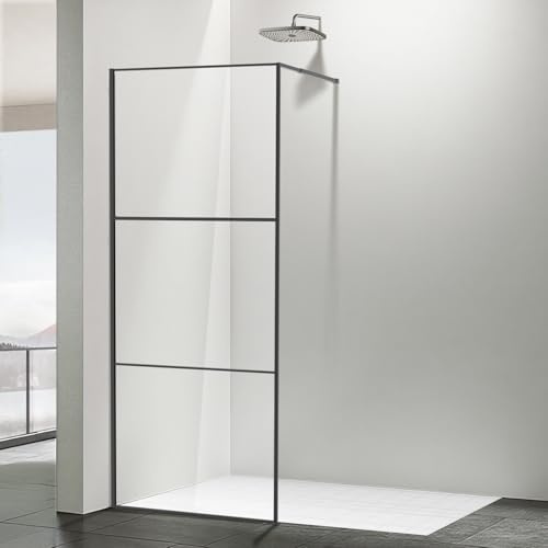 Monucep Cabine de douche Walk-in 80 x 200 cm Noir, Paroi de douche en verre avec verre de sécurité ESG de 5 mm, design de cadre en trois parties, cadre en aluminium, séparation de douche pour douche à