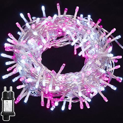 WISD Guirlande Lumineuse 33M, 600 LED Rose et Blanc - Guirlande Lumineuse Sapin de Noël Avec Fonctions de Minuterie et Prise - Intérieure Extérieure Décoration pour Noël, Chambre, Jardin, Christmas