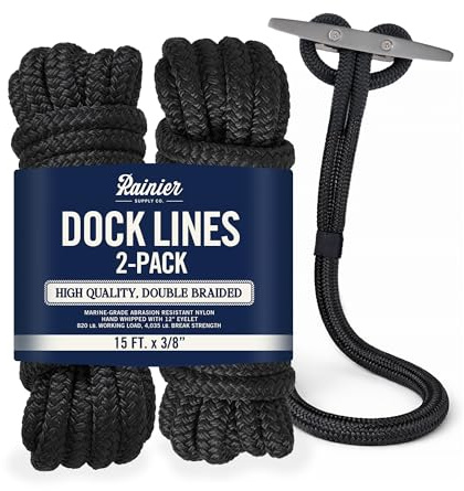 RainierSupplyCo Dock Lines 2-Pack - Boat Rope for Docking with Loop - 15 ft x 3/8 Inch Premium Double Braided Nylon Marine Rope - Mooring Line with 12 Eyelet - Boat Accessories - Black
