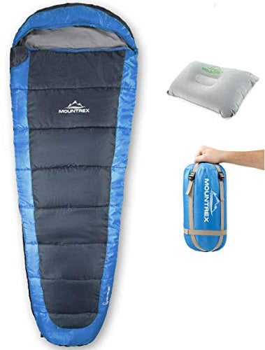 MOUNTREX® Schlafsack – Ultraleicht & Kompakt (850g) - Outdoor Sommerschlafsack - Mumienschlafsack (205x75cm) - Kleines Packmaß und Leicht - für Jugendliche und Erwachsene + Bonus Reisekissen