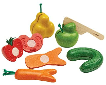 PlanToys Wonky Obst & Gemüse Set - Fruit Set 6-teilig - Kinderküche Zubehör aus Holz - Früchte sind schneidbar mit Klettverschluss-System