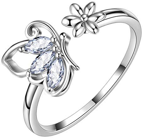 Aurora Tears Schmetterling verstellbare Ringe 925 Sterling Silber April Birthstone White CZ Eröffnung Ring Tiere Schmuck Geschenk für Frauen und Mädchen DR0077W