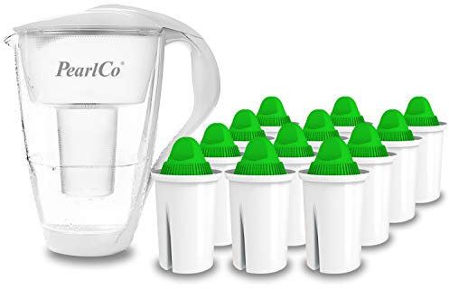 PearlCo - Carafe avec filtre à eau en verre - blanc - 12 cartouches Alkaline classic incluse (compatible avec Brita Classic)