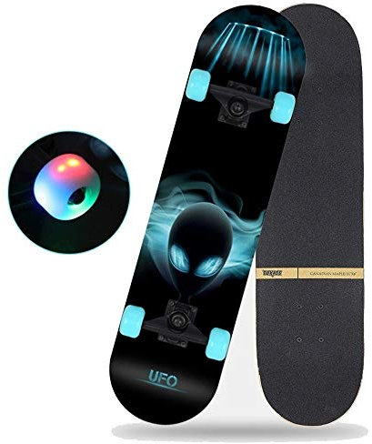 HuaHong Skateboard Komplettboard, 7-Lagiger Ahornholz, mit LED Rädern für Anfänger Kinder Jungendliche und Erwachsene (Color : UFO)