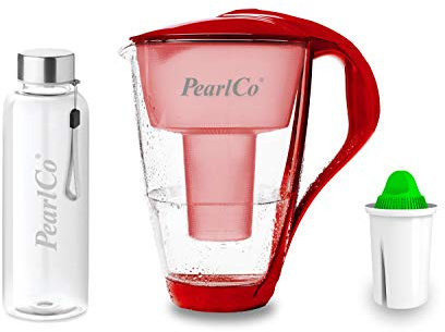perlopur® Glas-Wasserfilter (rot) +1 Kart. Alkaline +Glas-Trinkfl. | Borosilikatglas, 2 l gesamt, 1 l gefiltert, LED-Anzeige, für classic Kartuschen, hebt den pH-Wert an, für basisches Wasser