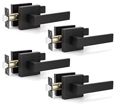 KNOBWELL 4 Pack Contemporary Square Door Handle Passage, Door Latch Handles Without Keys, Interior Door Knob Set, Matte Black