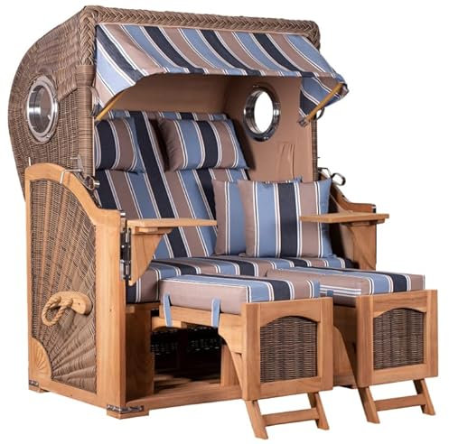 MR. DEKO® Strandkorb Düne Teak 2-Sitzer Bullauge | PE Geflecht Grey | Volllieger Strandstuhl verstellbar | inkl. 4 Kissen Wechselpolster | Strandkörbe fertig montiert aus Teakholz | (Dessin 580)
