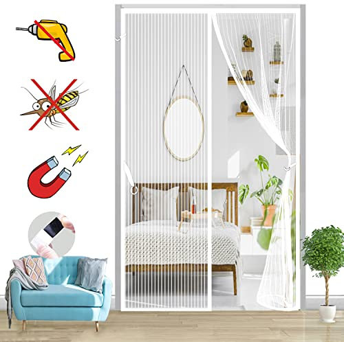 Magnétique Moustiquaire Porte, Auto-Adhésif Rideau Aimantée Maille Ultra Fine Moustiquaire Porte Magnétique Fermeture Automatique, pour Portes Multi Types-White-A|| 70x200cm(27x78inch)