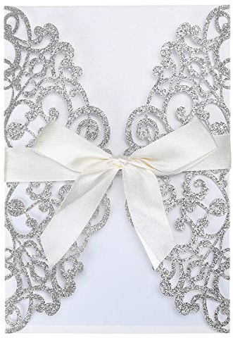 Tiardey 10 tarjetas de invitación de boda con purpurina floral cortadas con láser de 7.09 x 4.92 pulgadas con hoja interior en blanco y cinta para boda,compromiso,invitación de fiesta,color plateado