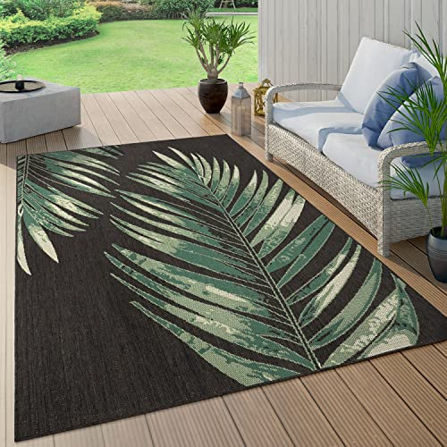 Paco Home Outdoor Teppich Wetterfest Flur Balkon Palmen Dschungel Florales Boho Muster Grün, Grösse:140x200 cm, Farbe:Schwarz 4