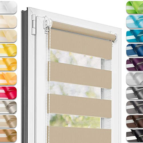 Estika Doppelrollo Klemmfix ohne Bohren - 60 cm x 150 cm - Sandstrand - 27 Stofffarben, Tag und Nacht Duo Rollo, Rollos für Fenster ohne Bohren, Fenster Sichtschutz (60 cm Stoffbreite)