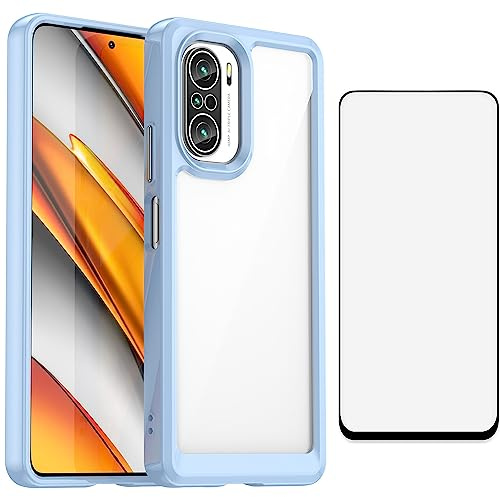 Asuwish Phone Case for Xiaomi Poco F3/Mi 11i/Mi 11X/Mi11X Pro with Tempered Glass Screen Protector Cover and Cell Accessories Slim Soft Silicone Redmi K40 5G/K40Pro/40K Pro+ Plus Women Men Clear Blue