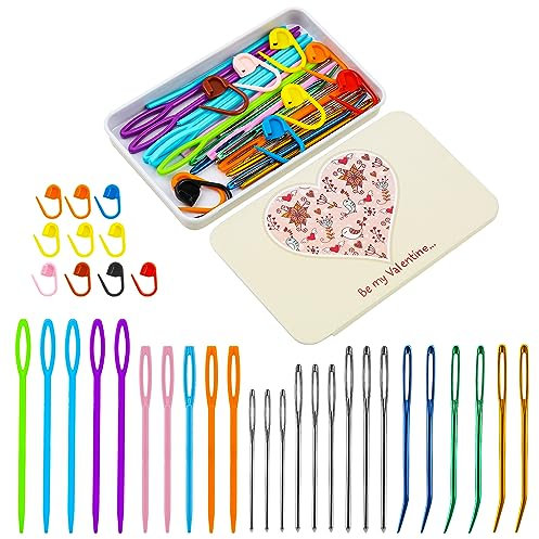 MASPHY 36 Stück Nähen Nadeln Set, Große Augen Nadeln, Kunststoff große Augen Nadeln, Garnnadeln, Große Augen gebogene Tapisserie Nadeln, farbige Kunststoff gewebte Nadelmarkierungen, verwendet für Häk