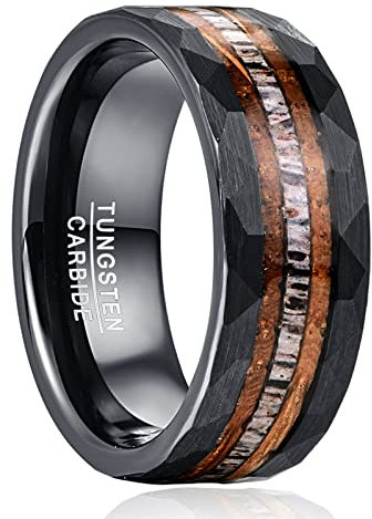 NUNCAD Ring Schwarz Herren Wolfram Eheringe 8mm Gehämmerter Männerring mit Whiskeyfass Holz und Hirschgeweih Größe 60(19.1)