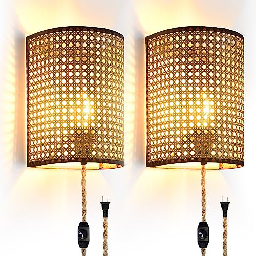 XININSUN Wall Sconces Set of Two, Plug in Wall Sconces,Rattan Lampshade,Wall Lamp with Plug in Cord and Dimmable Switch,Wall Lights Fixtures for Bedroom Living Room Hallway.