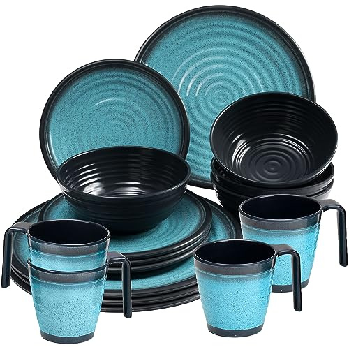 Melamin Geschirr Set 16 Teile elegante Steingut Optik blau Tassen 4 Gläser