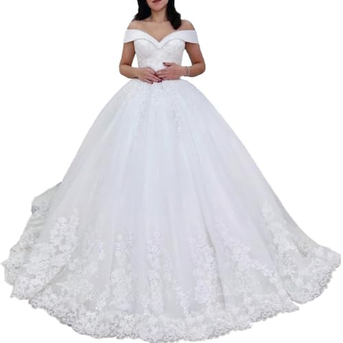 HEULORIA Robe de Mariée Princesse Dentelle Épaules Dénudées BA-OF0811 | Épaules dénudées perlées, corsage en dentelle, jupe en tulle, dos lacé, longue traîne, soutien-gorge intégré.