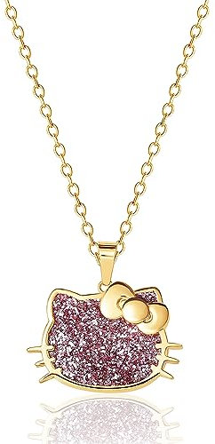 Hello Kitty Sanrio Womens Pink Glitter Necklace 18 - 18kt Gold Plated Sterling Silver Necklace Official License