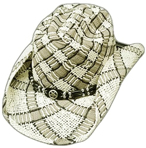 Modestone Sombrero vaquero de paja con cuentas de 2 tonos, gris y blanco, Blanco, 7