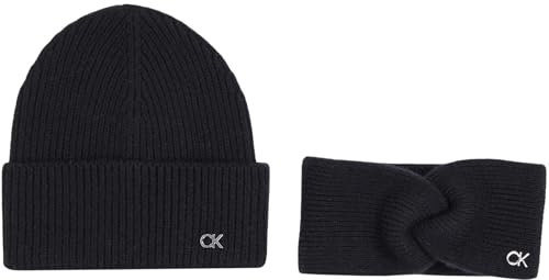 Calvin Klein Damen Geschenk-Set Ck Metal Beanie & Headband Strickmütze & Stirnband, Schwarz (Ck Black), Einheitsgröße