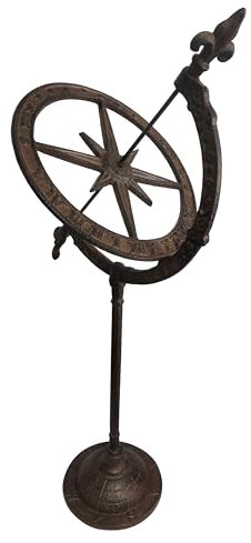 Dehner Sonnenuhr mit Standfuß, frostbeständige Gartendeko aus Gusseisen, 64 x 23.5 x 28.5 cm, dunkelbraun