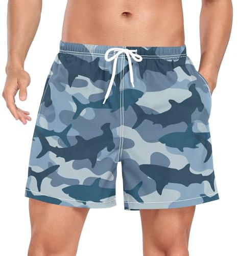 Short de bain pour homme - Motif requin camouflage - Short d'entraînement doublé avec poche pour téléphone - Short d'entraînement léger, Requin camouflage rose, Large