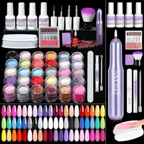 SAVILAND Dip Powder Nail Kit with Drill 52PCS: 30 Colors Professional Nail Dip Powder Kit Clear Nude White Dipping Powder with Dip Base & Top Activator Brush Saver for French Nail Art DIY Salon