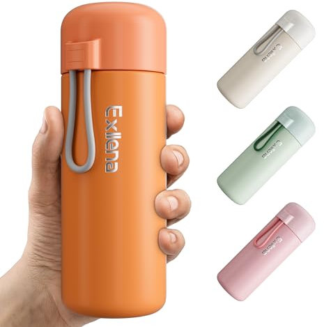 Exllena Gourde Isotherme 400ml, Petite Bouteille Isotherme en Acier Inoxydable pour Boissons Chaudes et Froides, Mini Flask Facile à Transporter - 100% étanche (Orange)