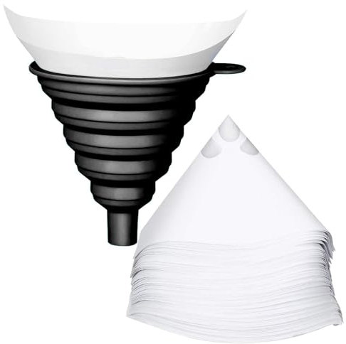 Eruceky 50 Pz Vernice Filtri Carta Fine Monouso Filtri con 1 Filtro a Imbuto in Silicone, Imbuto Pieghevole in Silicone Setaccio, per Riempimento liquido in Polvere Trasferimento olio