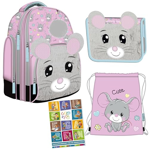 Goldkids - Schulranzen für Jungen und Mädchen, 4er-Set - Schul-Rucksack für Kinder mit Federmäppchen - Schuhbeutel und Hausaufgabenheft - Maus Motiv - 1-3 Klasse