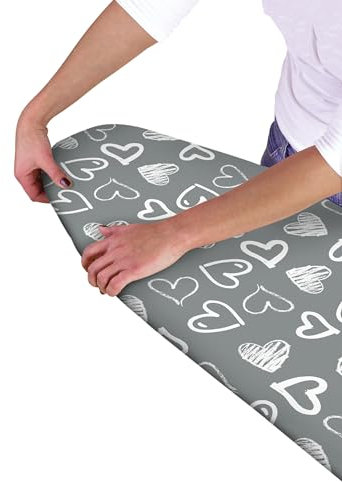 Olivia Rocco Easy Fit Ironing Board Cover Heat-Reflecting Elasticated, 139 x 49 cm (Grey Hearts, 139 x 49 cm)