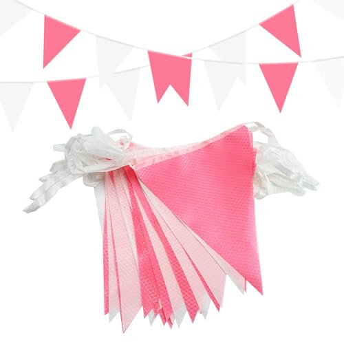Banderines de color rosa y blanco para decoración de fiesta, 20 m, 56 unidades, impermeables, para interiores y exteriores, cumpleaños y fiestas especiales