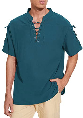 Leinenhemd Mittelalter Herren: Kurzarm/langarm Halloween Shirt Oberteile Freizeithemden Tunika Mittelalter Hemd Viking Kostüm Steampunk Piraten Hemd Piratenhemd Schnürhemd Renaissance Viktorian
