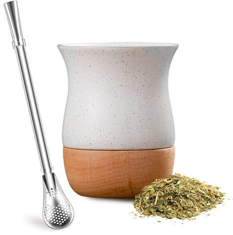 LGQ Taza Yerba Mate, calabaza de cerámica y madera de 8 onzas, pajita de bombilla y cepillo de limpieza, perfecto para preparación tradicional y estilo moderno (blanco)