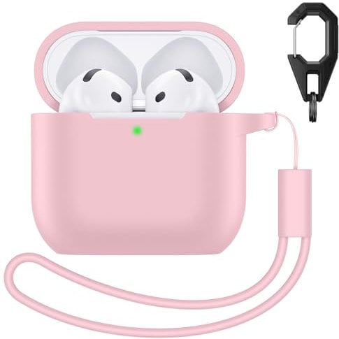 Charlam Silicone Case Compatible with AirPods 4 Case 2024, Soft Full Body Case Cover Shockproof Protective Case for Apple AirPods 4th Generation Case with Lanyard and Keychain, Pink