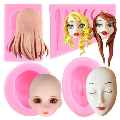 RFGHAC 3D Human Face Silicone Moulds Doll Hair Fondant Moulds for Cake Decorating Cupcake Topper Candy Polymer Clay Chocolate Gum Paste Set of 4