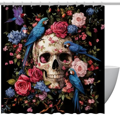 etoenbrc Rideau de douche en polyester imperméable à séchage rapide et lavable avec crochets Motif fleurs et têtes de mort 152,4 x 182,9 cm
