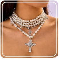 AOWVUTS Mehrreihige Perlenkette Damen Perlenkette Weiß mit Silber Kreuz Anhänger Layering Halskette Vintage Künstliche Perlen Lange Stapelbar Halskette Choker Kette Schmuck für Frauen und Mädchen
