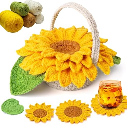JAWAI Häkelset für Anfänger, Erwachsene, Anfänger, komplettes Strickset, mit Tutorial, Botanische Untersetzer mit Haken für Tischdekoration, Innendekoration, Untersetzer