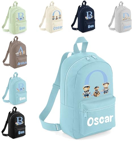 The Baby Box UK Personalised Boys Rucksack Backpack Bag Dinosaurs Bears Animals Space Mini School Club Nursery (Powder Blue)