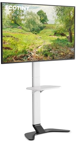 ECOTINY Ultra Slim TV Floor Stand for 37–86 Inch TVs, No Drill Modern Curved Base with Shelf, Adjustable Height & Tilt, Space-Saving Design with Cable Management, Fits VESA 600x400mm, White