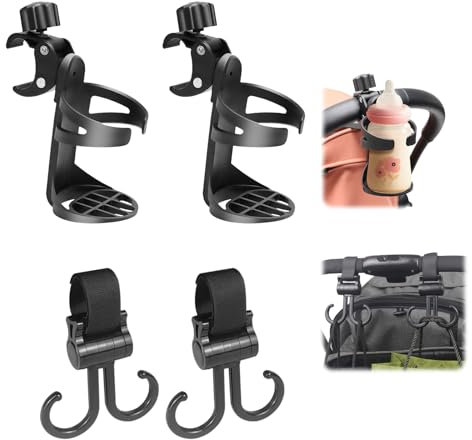 kiptyg Getränkehalter Kinderwagen 2 Stück, mit 2 Kinderwagen Haken,Einstellbar 360 Grad Drehung Becherhalter Kinderwagen, für Trolleys Kinderwagen und Rollstuhl
