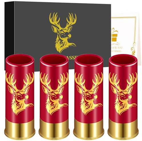 Verres à Shot avec Tête de Cerf Inclinée, Lot de 4, avec Boîte Cadeau, pour Hommes et Femmes, Fête de Mariage, Fête des Pères, Cadeaux de Chasse au Cerf, 12 GA Petits Verres à Shot, Plastique, Rouge