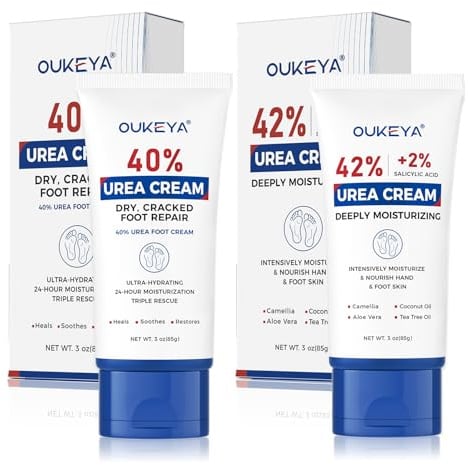 OUKEYA 40% Urea Foot Cream & 42% Urea + 2% Salicylic Acid Cream Set, Intensive Repair for Dry, Cracked Heels, Feet & Hands, Exfoliating & Deep Moisturising Treatment, 2x85g